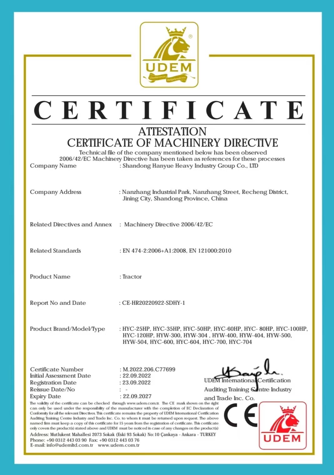 중국 Shandong Hanyue Heavy Industry Group Co., Ltd. 인증