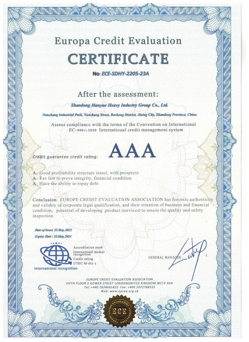중국 Shandong Hanyue Heavy Industry Group Co., Ltd. 인증